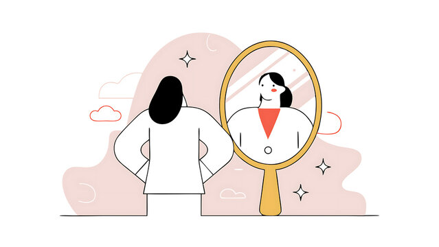 self confidence and self esteem motivation to success positive thinking to boost confident and believe in yourself concept businesswoman look at her strong confidence reflection in the mirror 070525