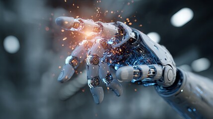 Advanced robotic hand technology sparks innovation future 3d grey blue light power metal modern