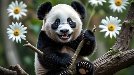 Fototapeta premium Adorable young panda sitting on a tree branch surrounded by white daisies in a lush green forest, looking cheerful and expressive with bright eyes and playful posture 