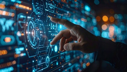Hand interacting with futuristic digital interface, glowing blue and orange data points, bokeh lights in background.  Image depicts innovation, technology, and data analysis.