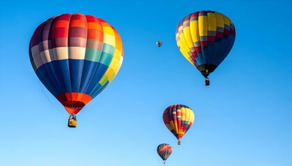 Fototapeta premium Colorful hot air balloons soar against a vibrant blue sky. A captivating scene of adventure and freedom.