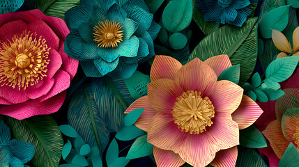 Top view of colorful paper cut flowers with green