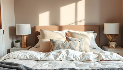 Comfortable bed with soft pillows in cozy bedroom, collage style. with white shades