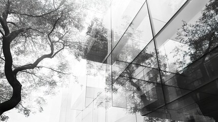Double exposure of a modern glass facade and sprawling tree branches, highlighting the integration of nature into urban spaces.  