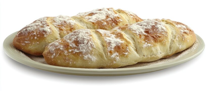 Rustic country breads dusted with flour, displayed beautifully on ceramic dish