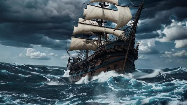 Dramatic cinematic animation old sailing warship battling ocean waves stormy ather symbolizing maritime tory travel nautical warfare rough seas