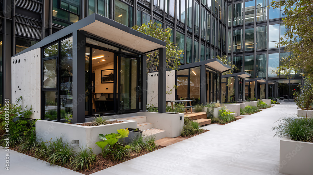 Aufkleber office building exterior, showing multiple small office pods with sharp corners outside an office ar