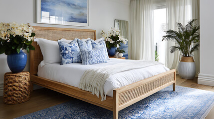 Fototapeta premium Natural coastal interior bedroom beautiful example of modern coastal style including a soft natural color palette, natural elements cane bed blue and white patterned rug and white nights house design