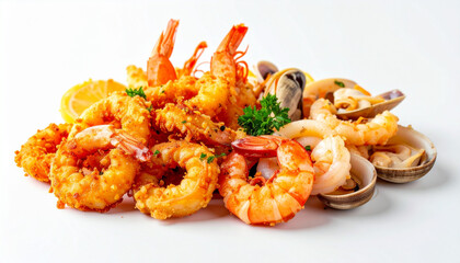 Crispy fried seafood platter restaurant kitchen food photography clean background close-up flavorful