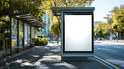 Modern advertisement billboard in street, vertical blank digital billboard mockup at bus stop in city street, outdoor billboard mockup for advertisement placement