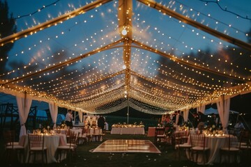 Wide-angle shot of a wedding reception tent with beautifully decorated tables, a dance floor, and a catered buffet area under twinkling lights