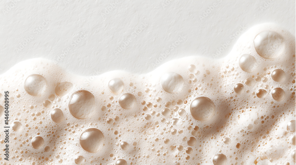 Poster foamy texture of a skincare cleanser with soap bubbles on a white background and empty space