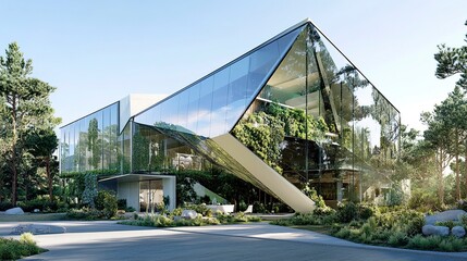 Futuristic building with a sleek glass facade and bold geometric shapes, blending modern design with eco-friendly features like green walls and solar panels. 