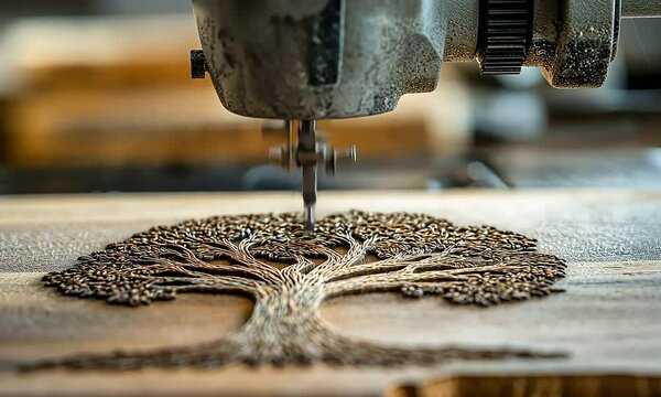 Close-up of a wood carving machine intricately shaping a detailed tree design into a wooden plank