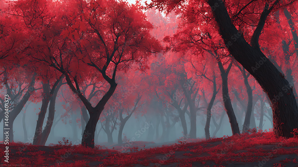 Aufkleber fantasy red forest with fog and red trees, autumn concept, 3d rendering