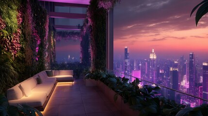 Fototapeta premium Urban rooftop terrace design with lush greenery.