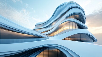 Futuristic office building with flowing glass curves, low-angle 3D rendering showcasing dynamic lines and a cutting-edge design. 