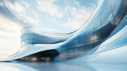 Futuristic office building with flowing glass curves, low-angle 3D rendering showcasing dynamic lines and a cutting-edge design.  