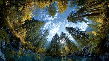 Autumn forest scene with tall trees and blue sky wonderful nature photography picturesque landscape