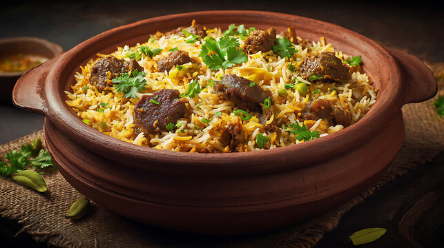 Dum handi mutton biryani or gosht pilaf is prepared in an earthen or clay pot called haandi or 1 kilo size, popular indian non vegetarian food