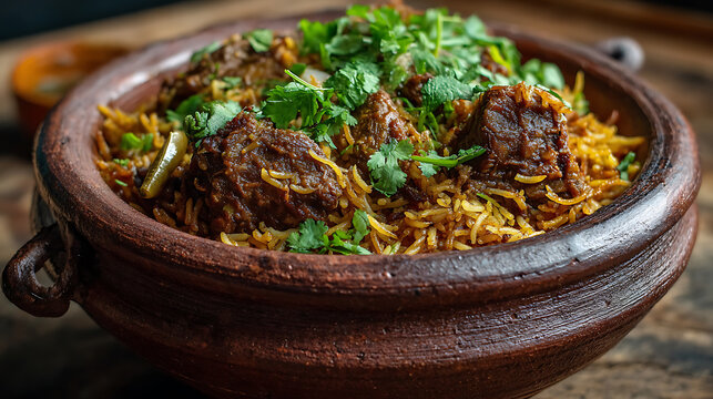 Dum handi mutton biryani or gosht pilaf is prepared in an earthen or clay pot called haandi or 1 kilo size, popular indian non vegetarian food