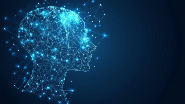 Abstract digital head profile network connection lines art data mind mesh blue dark glow brain cyber