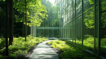 Green office architecture featuring glass walls and surrounding trees, reducing carbon footprint while promoting a sustainable corporate environment.  