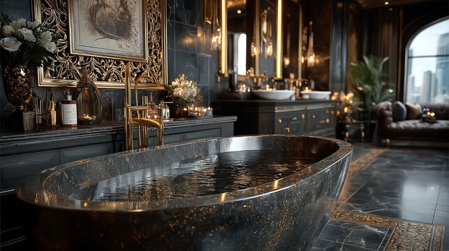 Luxurious Bathroom with Marble Bathtub and Golden Accents Modern Interior Design Elegant Vani