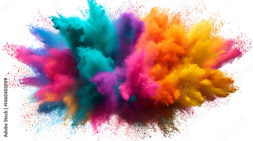 Poster vibrant round explosion of colorful powder isolated on white background with copy space