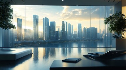 Fototapeta premium High-tech skyscraper featuring dynamic-tint windows, reducing heat and glare while showcasing the urban skyline with modern elegance. 
