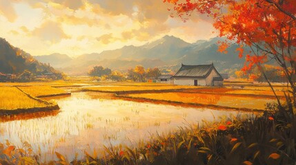 Scenic Japanese Landscape Art Depicting Rice Fields and Traditional Architecture