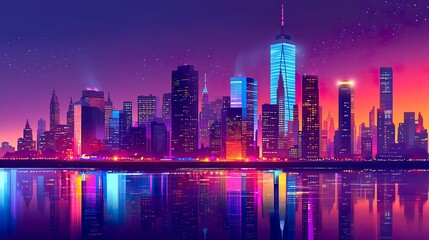 Obraz premium The iconic New York skyline at night, skyscrapers with glowing office windows reflecting the city's ceaseless vibrancy and activity. 