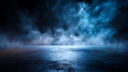 Fototapeta premium The concrete floor and studio room with smoke float up the interior texture for display products dark street, asphalt abstract dark blue background