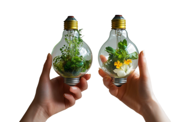 Hands Gently Holding an Eco-Friendly Green Light Bulb for a Sustainable Future isolated on white background PNG