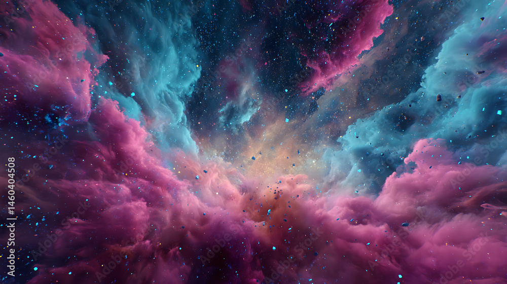 Aufkleber Space nebula, 4k colorful abstract background image, 3d illustration, 3d render space, surreal explosion, colorful stars and asteroids particles, surreal nebulae