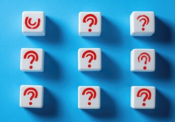 White cubes with red question marks arranged in a grid pattern on a blue background