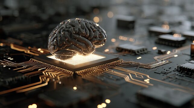 Artificial intelligence brain on circuit board technology innovation 3d chip data glow dark lines