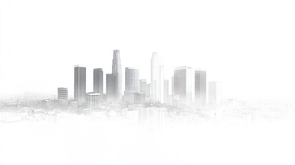 LA cityscape with sharp outlines of skyscrapers and urban landmarks, clean white background providing a modern aesthetic.  
