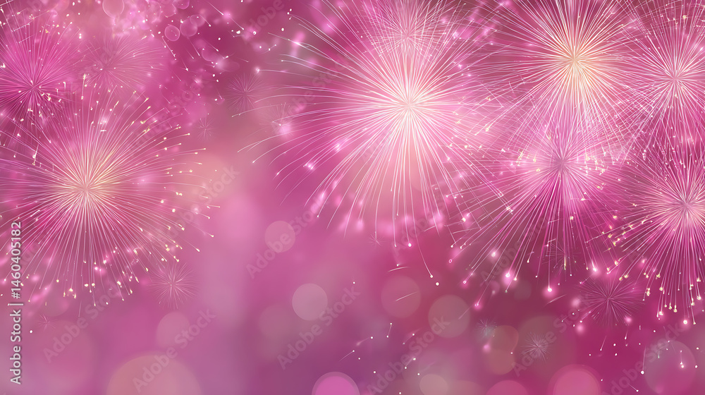 Poster pink fireworks background with sparkles and copy space