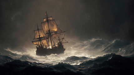 Obraz premium Pirate ship navigating during a storm, thunder, rain big waves on the ocean, black boat setting sails on rough water, sea, digital artwork, painting