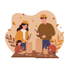 Fototapeta premium Family woodworking activity with parents and children carving wood pieces in autumn colors vector illustration 