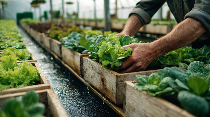 Organic farming, salad farm, farmers harvest salad vegetables into wooden boxes in rainy, hydroponics vegetable grow naturally, greenhouse garden, ecological biological, healthy, vegetarian, ecology