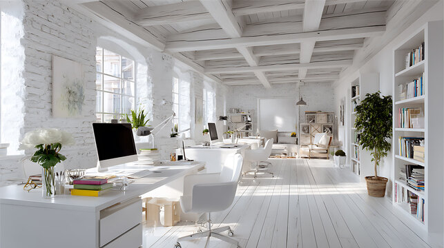 Modern white interior workspace open plan clean clear cosy space for working office desigh ideas concept