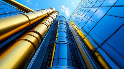 Low-angle perspective of a cutting-edge building, gold pipes and metallic panels gleaming under the vivid blue sky for a futuristic appeal.  