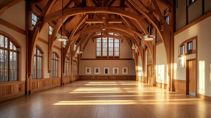 Fototapeta premium Sunlit Wooden Hallway: Architectural Marvel of Natural Light and Craftsmanship