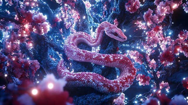 Glowing snake in blossoming tree