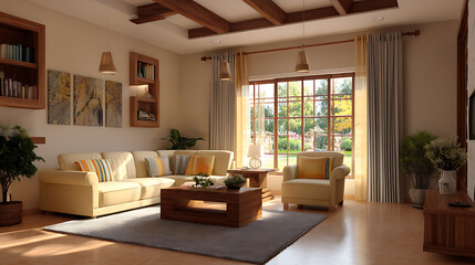 Fototapeta premium Home interior design concept with cosy living room design by farm house scheme concept living room with wooden decorate light from window sofa and comfort ambient atmoshere home design