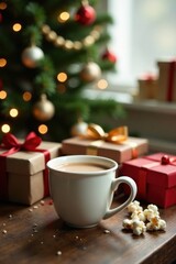Fototapeta premium Warm beverage and popcorn near festively wrapped presents and a blurred Christmas tree background