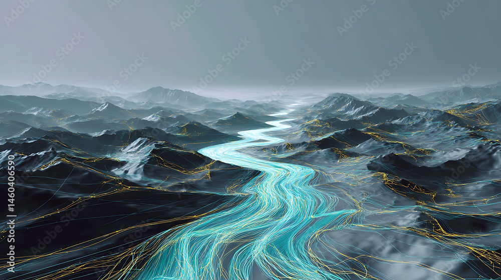 Poster futuristic digital landscape with river passing trough metallic terrain landscape, abstract informat