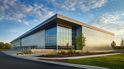 Obraz premium Minimalist building with smooth aluminum siding, flat-angled roofline, and bold front windows, blending modernity with functionality. 